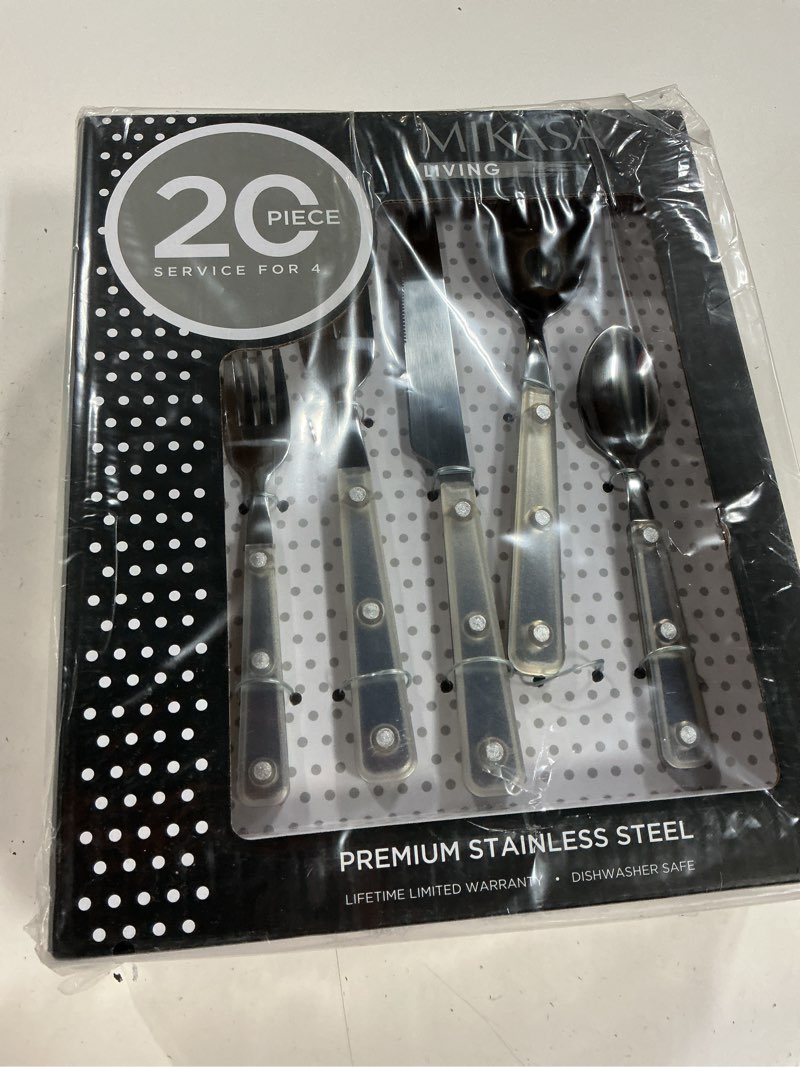 Condition photo showing New/Like New for mikasa living clear translucent 18/0 stainless steel 20-piece flatware set, service for 4, clear