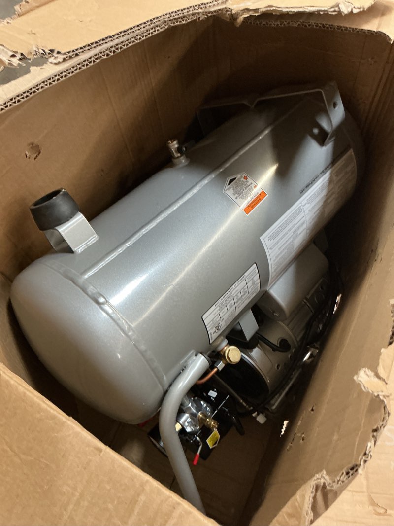 Condition photo showing As Is for california air tools 8010 1.0 hp ultra quiet and oil-free air compressor, 8 gallon steel tank, lightweight with wheels, 60 dba noise level 8 gallon steel, wheels