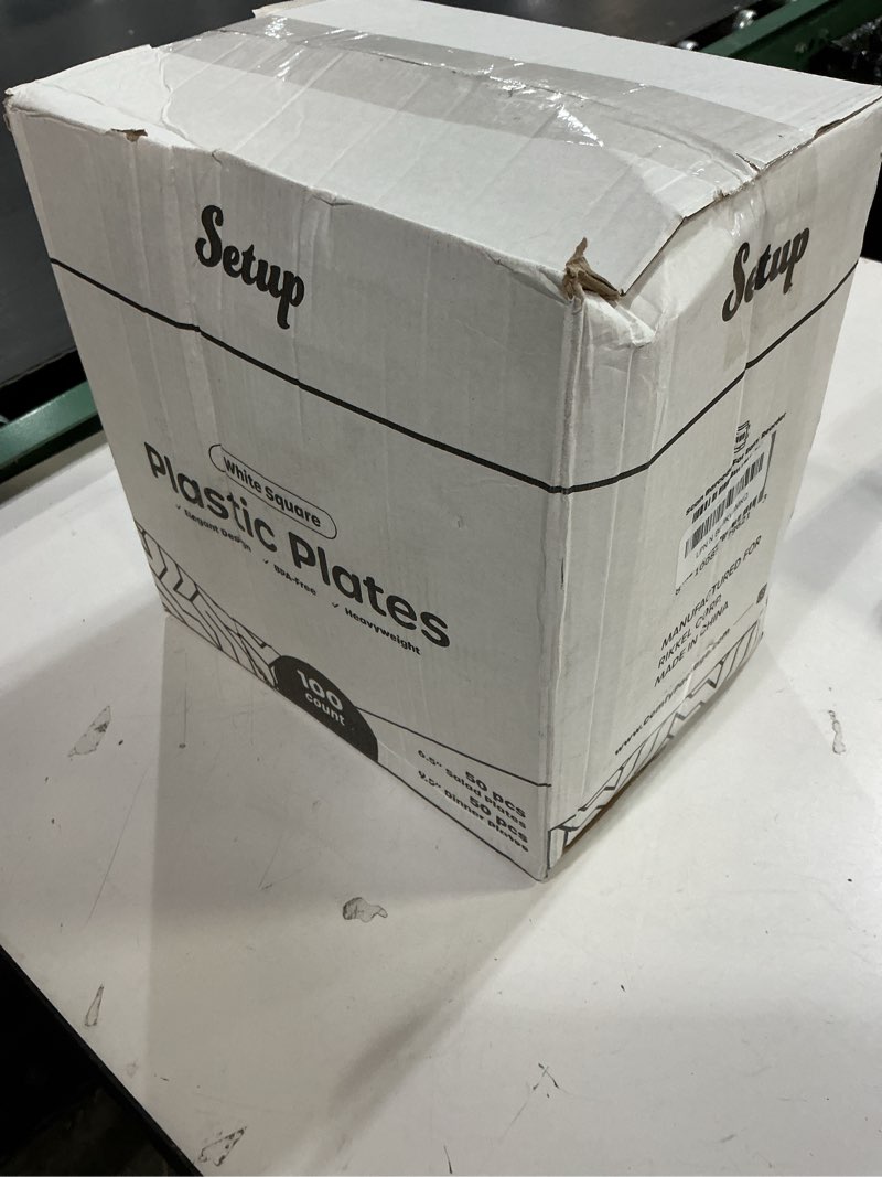 Condition photo showing New/Like New for setup 100-piece white square plastic dinnerware set – 50 9.5" dinner & 50 6.5" salad plates – heavy-duty disposable for weddings, catering, parties 100 count white square plates