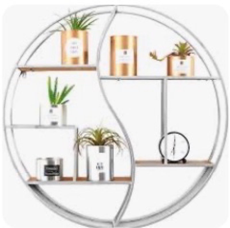Round Wall Shelf, 24 Inch Metal & Wood Circular Floating Shelf, White Mounted Display Organizer for Fireplace, Living Room, Bathroom