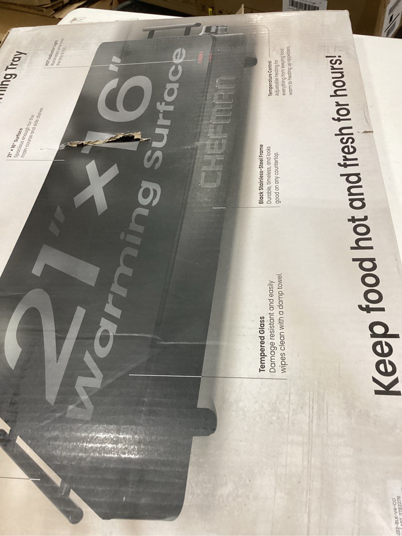 Condition photo showing New/Like New for Chefman Electric Warming Tray with Adjustable Temperature Control, Perfect For Buffets, Restaurants, Parties, Events, and Home Dinners, Large 21” x 16” Glass-Top Surface Keeps Food Hot – Black Stainless Black Large - 21" x 16"