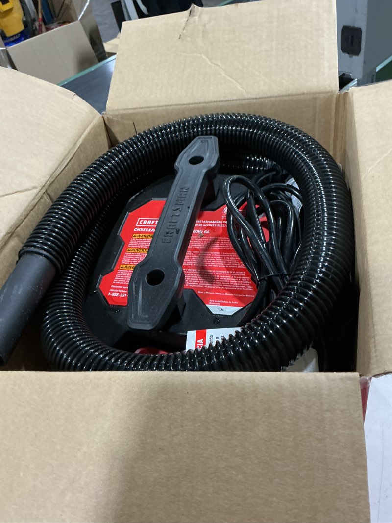 Condition photo showing As Is for craftsman 3-gallon 3 hp corded wet/dry shop vacuum with accessories included