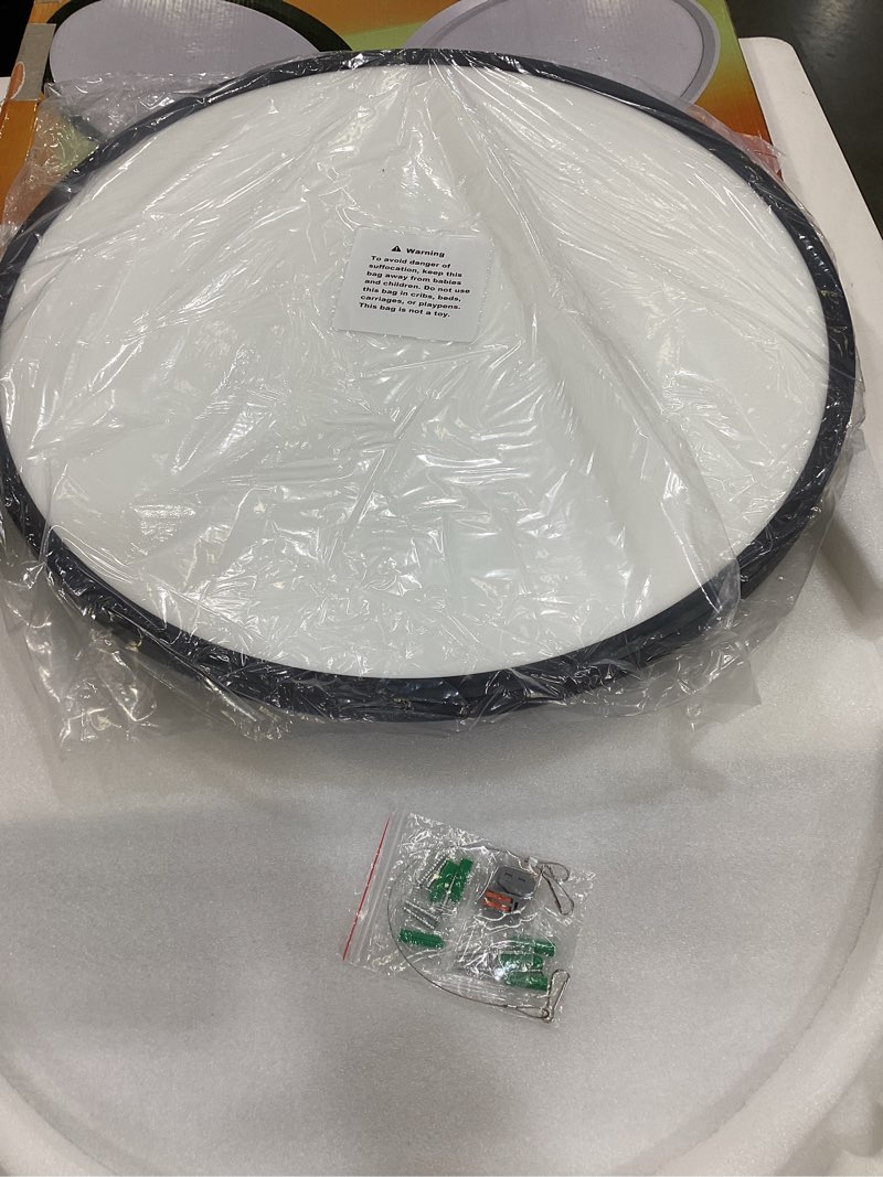 Condition photo showing As Is for 24 inch led ceiling light flush mount, 50w, 5480lm, 3000k/4000k/6000k cct selectable super slim black led ceiling light, close to ceiling round flat panel light for hallway, bedroom, kitchen, ect black 24inch