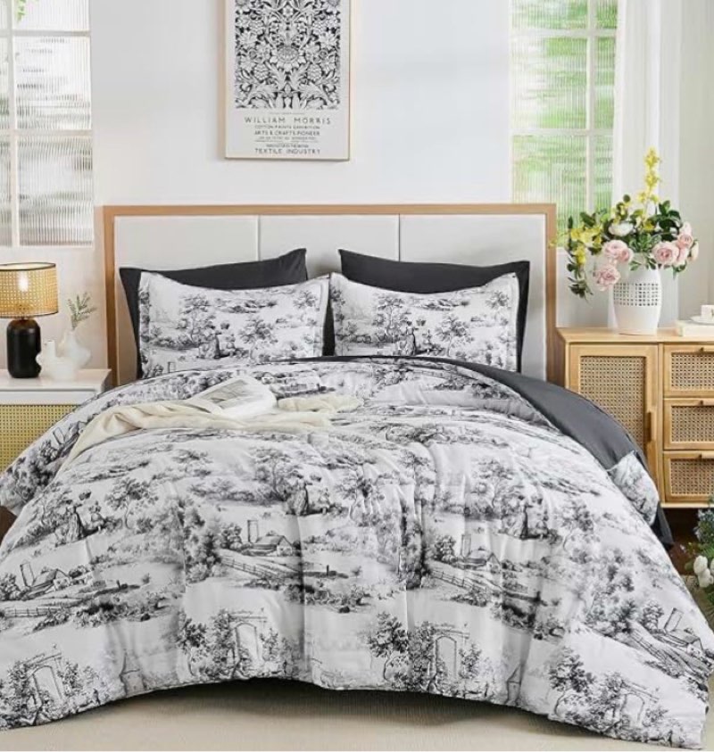 WONGS BEDDING Full Comforter Set 7 Pieces, Black and White Floral Botanical Comforter Bed in a Bag F