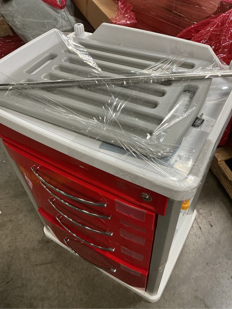 Condition photo showing As Is for medical rolling crash cart with integrated medical countertop -cpr board, iv pole, o2 holder, trash bin, silent casters, drawers with dividers, nursing cart for clinic, hospital, nursing center 24.6×19.1×37.1 inches red