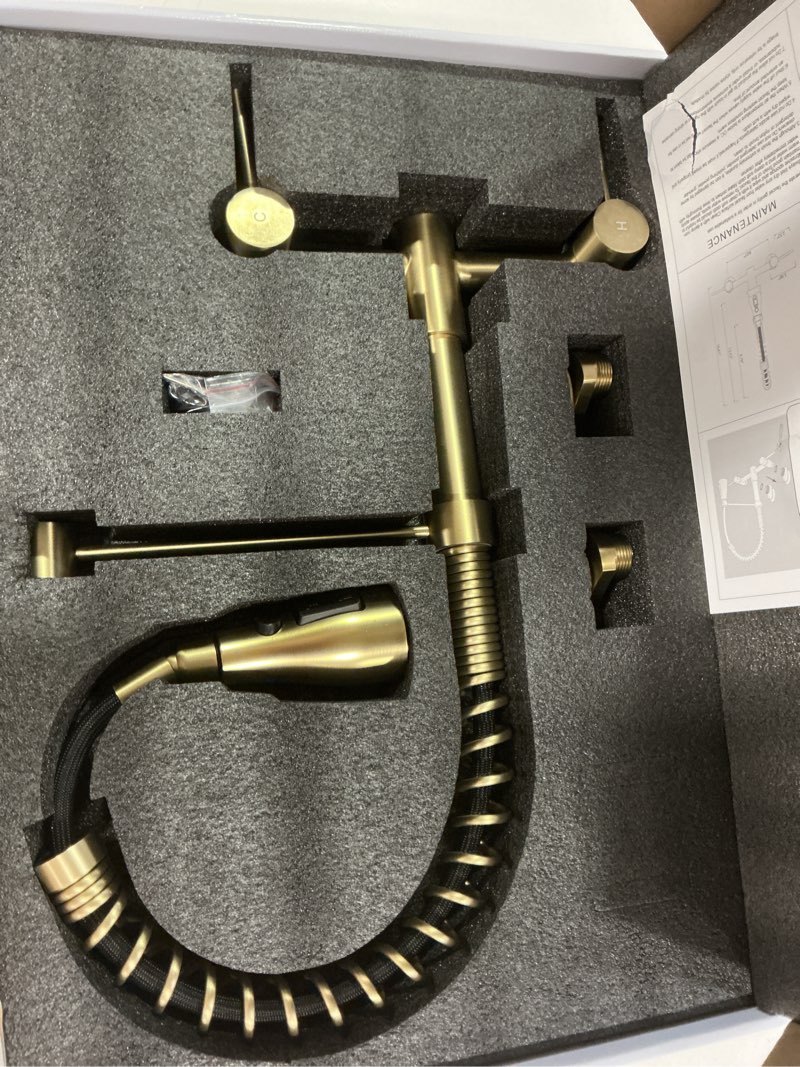 Condition photo showing As Is for wall mount kitchen faucet, 8 inch center wall mounted kitchen sink faucet with pull down sprayer, commercial wall mount faucet (gold)