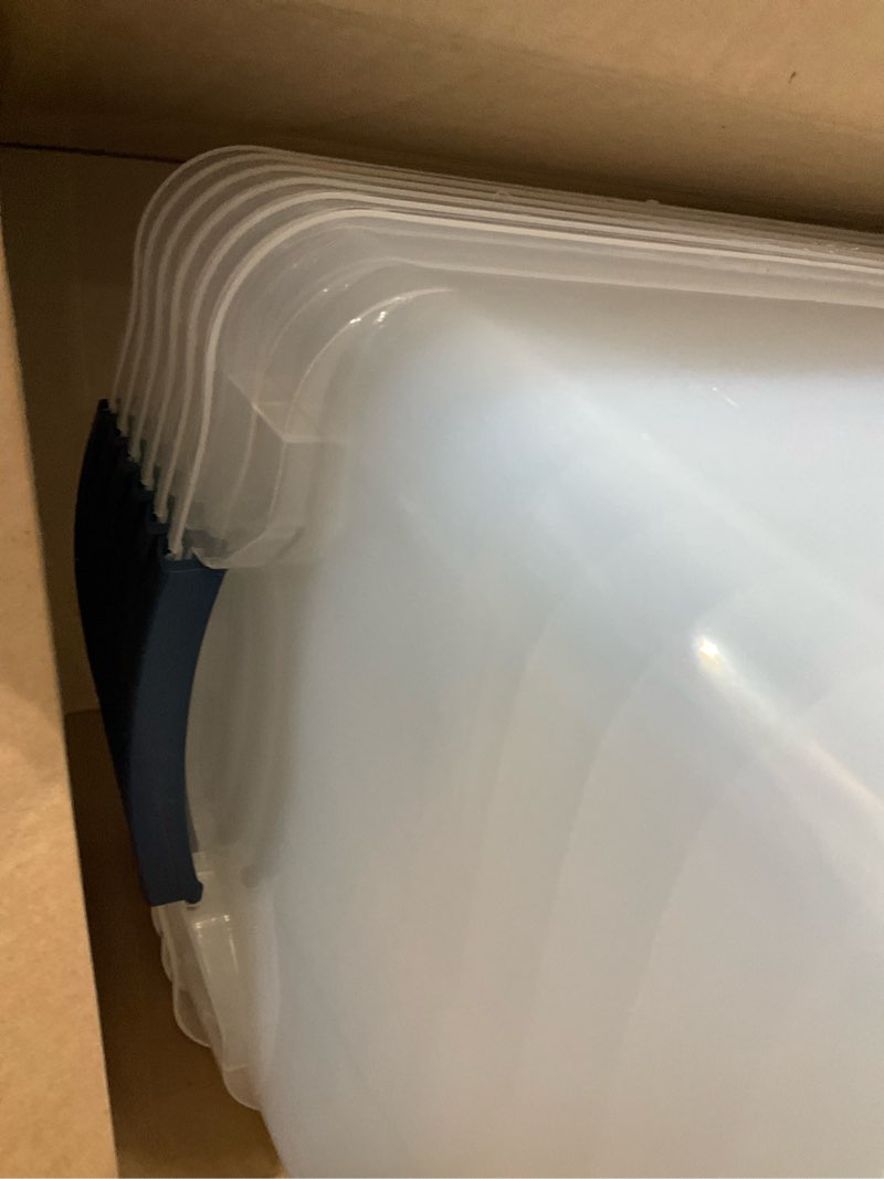Condition photo showing As Is for Rubbermaid Cleverstore Clear 32 Qt, 6 Pack Stackable Plastic Storage Bins with Lids, Great for Closet and Laundry Storage, Organizing in the Home 32 Qt – 6 Pack