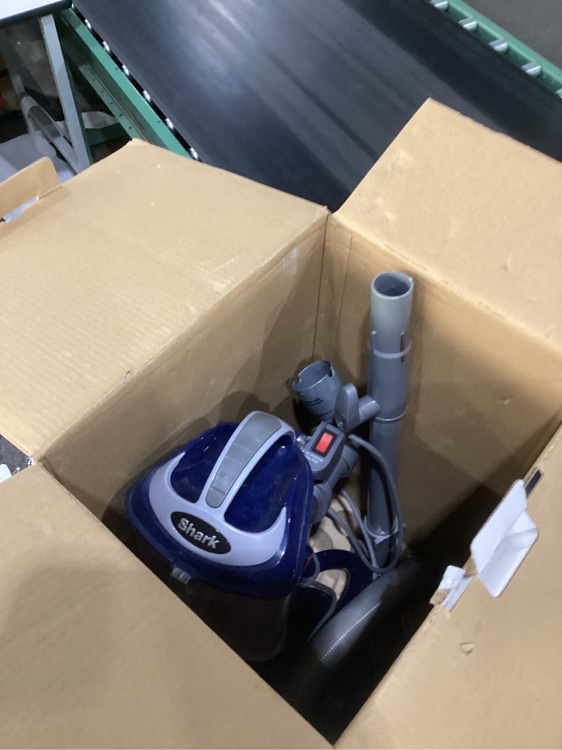 Condition photo showing As Is for shark upright vacuum, navigator lift-away deluxe with large dust cup capacity, hepa filter, swivel steering, upholstery tool & crevice tool, blue, nv360