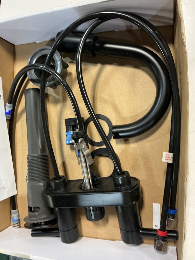 Condition photo showing As Is for allen + roth harlow simplefit matte black 4-in centerset 2-handle watersense high-arc residential handle bathroom sink faucet with drain with deck plate