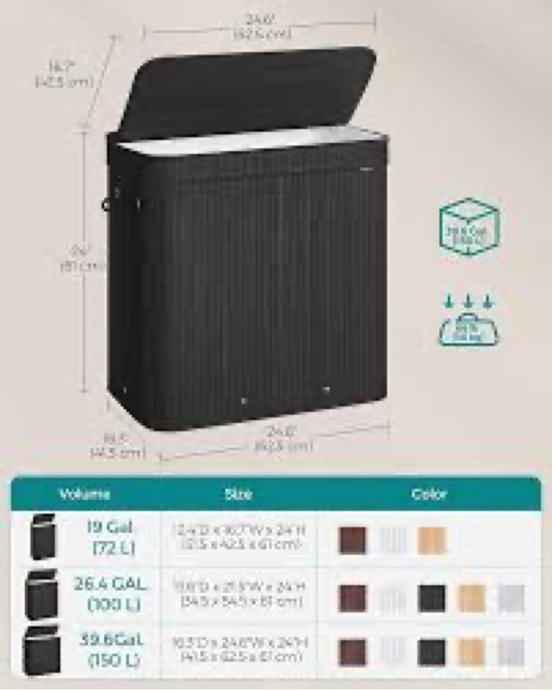 (similar)songmics laundry hamper with lid, bamboo laundry basket, removable machine washable laundry basket, with handles, 39.6-gallons, for laundry room, bedroom, bathroom, ink black ulcb062b01