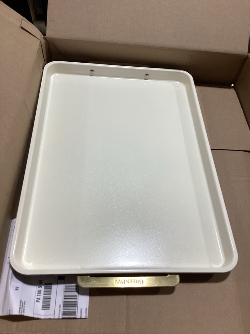 Condition photo showing Good Condition for greenpan bakeware 13"x18" half baking sheet pan, ceramic nonstick baking pan, pfas & bpa free, gold handles, durable steel, versatile & space saving ovenware, freezer to oven dish, oxford blue 13" x 18" half sheet pan oxford blue