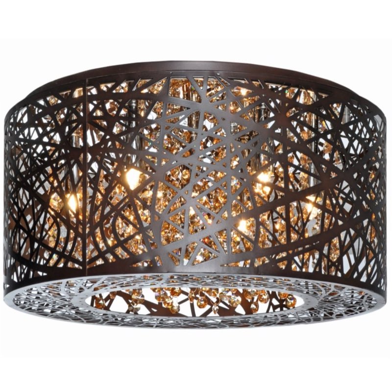 ET2 E21300-10BZ I Inca Collection Xenon Seven Light Laser-Cut Sheath with Crystal Drum Ceiling Flush Mount - Bronze Finish I 2900K I Modern Contemporary Ceiling Light Fixture I
