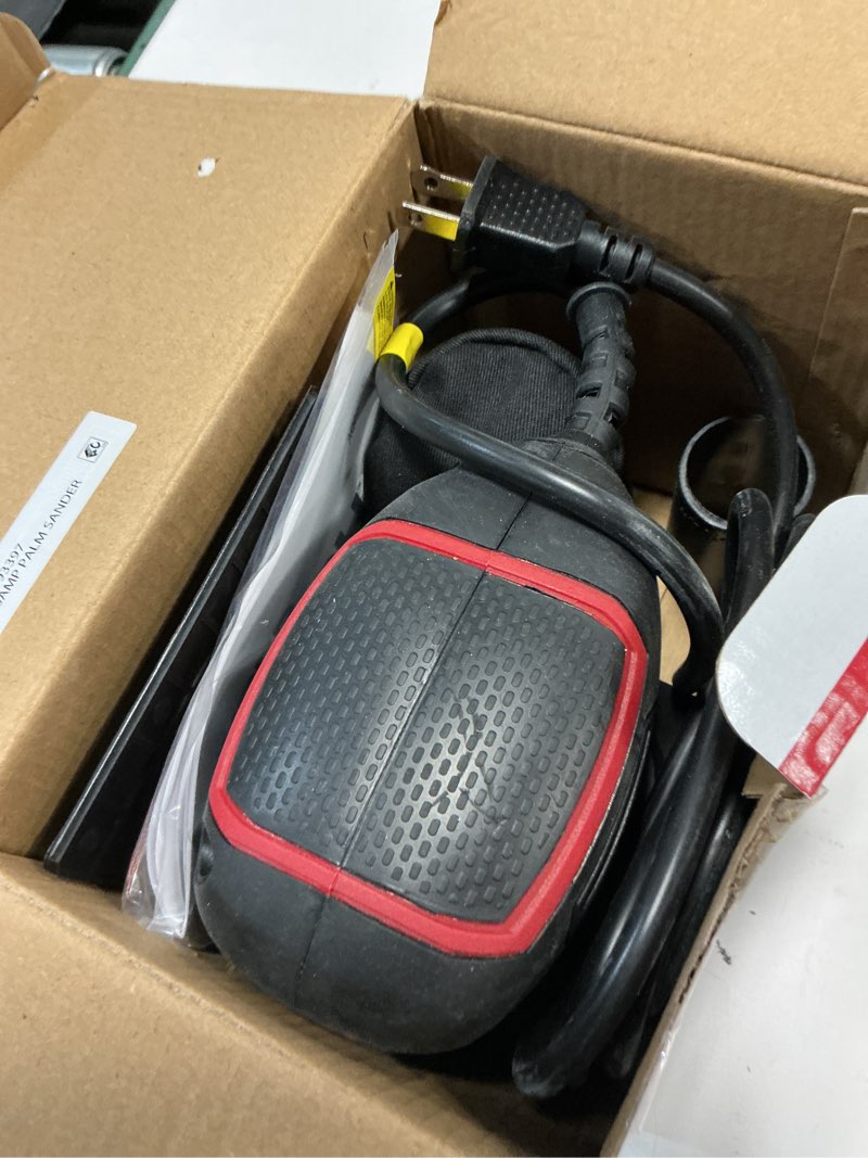 Condition photo showing As Is for hyper tough 2 amp corded 1/4 sheet palm sander with dust bag, vacuum hose adapter, punch plate & 3 sanding sheets (60, 80 & 120 grit)