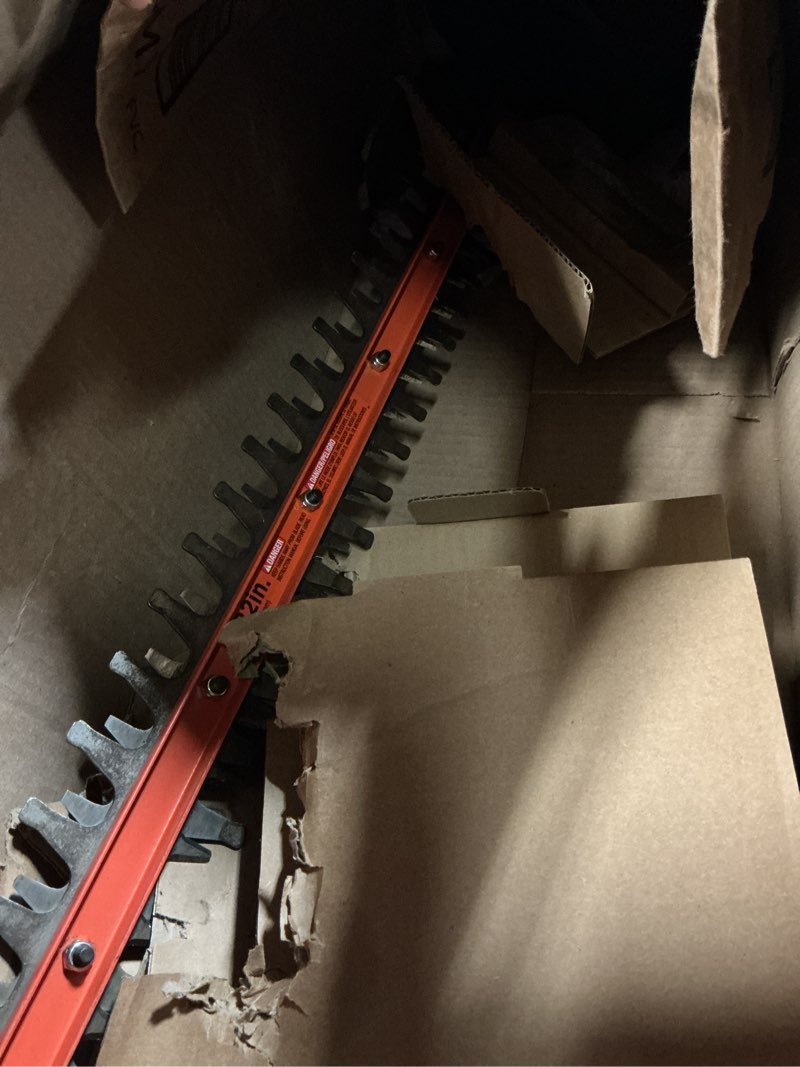 Condition photo showing As Is for black+decker 22" electric hedge trimmer, lightweight 4.0 amp corded dual action shrub trimmer, full wraparound handle, high output low vibration (beht350ff)