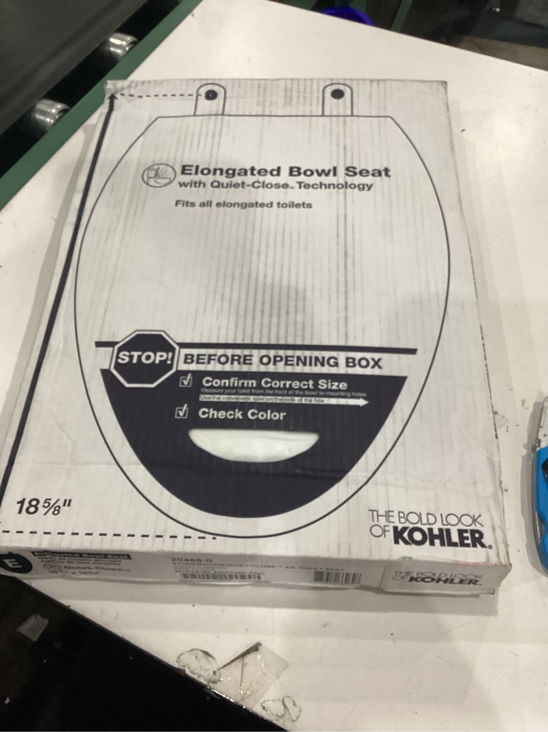 Condition photo showing New/Like New for kohler stonewood quiet-close elongated toilet seat, slow close design, durable wood, easy installation, universal fit, white finish, k-20466-0