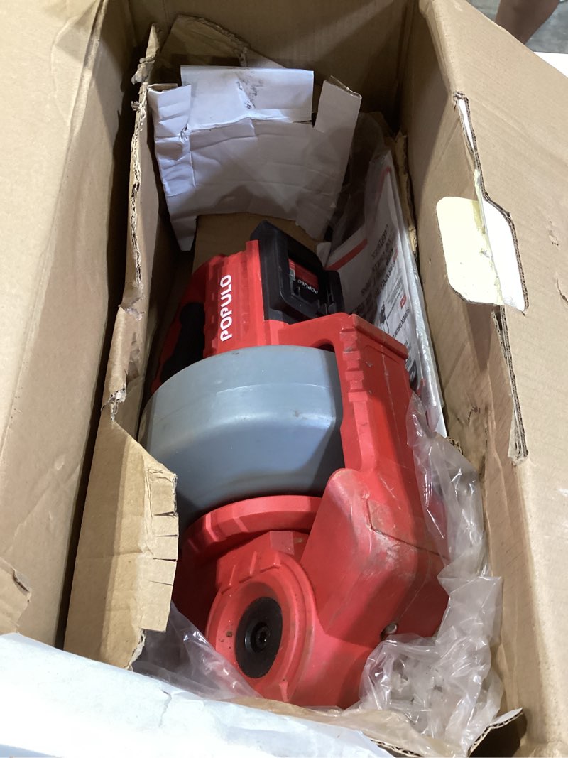 Condition photo showing As Is for populo 20v cordless electric drain snake, 25ft replaceable cable with 2.0ah battery, extension tube & charger, snake drain clog remover tool for toilet, floor drain, sink and shower 3/4"-2" pipe iteration model