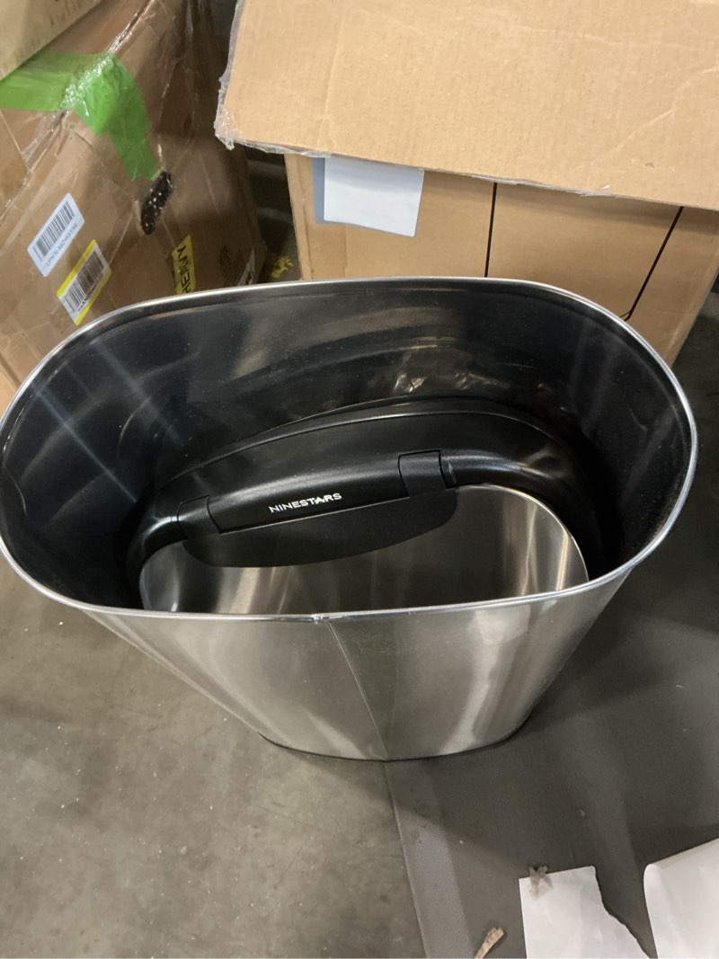 Condition photo showing Good Condition for ninestars 13 gallon oval automatic trash can, 50l touchless motion sensor garbage can with odor-sealing lid & one-touch manual mode, silver stainless steel, black trim