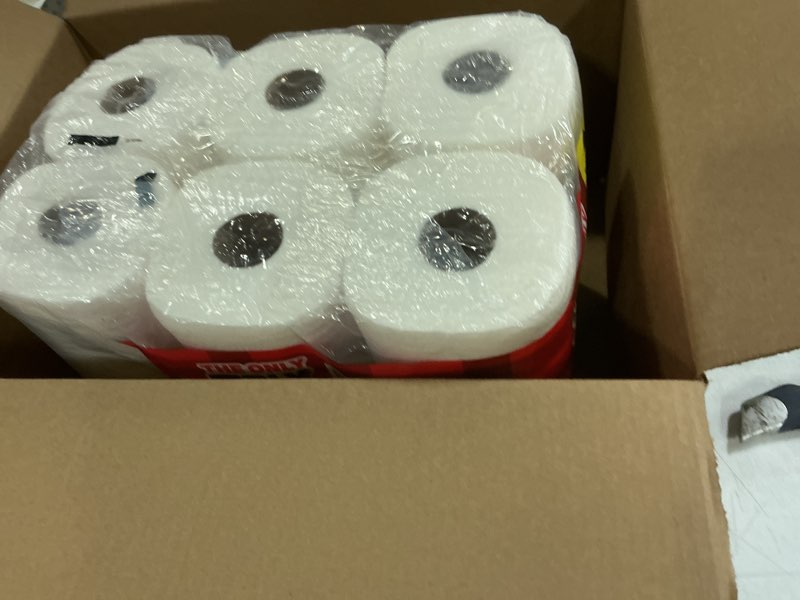 Condition photo showing Good Condition for brawny tear-a-square 3-ply paper towels, 6 double rolls = 12 regular rolls, strong, absorbent, and durable with 3 sheet sizes (quarter, half, full)