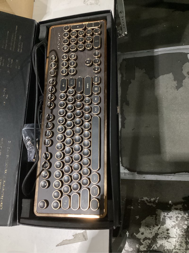 Condition photo showing Good Condition for RK104 Retro Mechanical Keyboard, Wired Full-Size 104 Keys with Typewriter Round Keycaps, Wooden Grain, N-Key Rollover, Green Linear Switches, QMK/VIA Programmable, Ideal for Retro Lovers