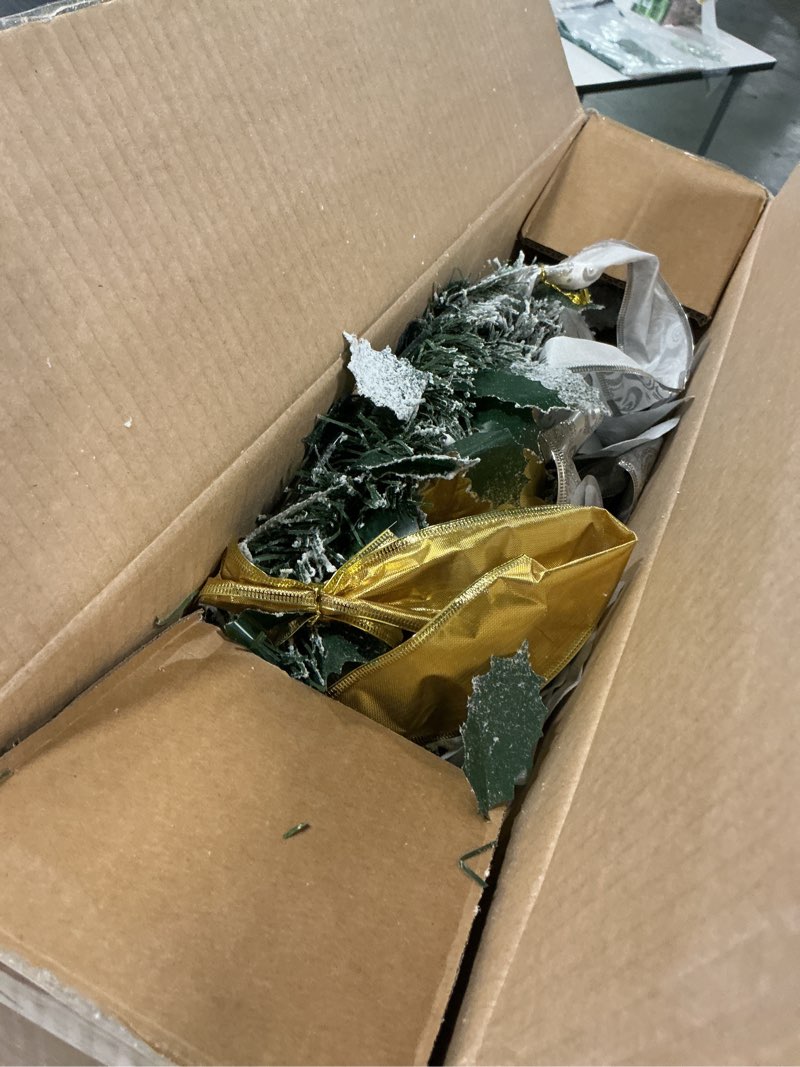 Condition photo showing Good Condition for VINGLI 6ft Pre Lit Pop Up Christmas Tree with 150 Lights, Fully Decorated Flocked Pencil Christmas Tree Pre Lit Collapsible Christmas Tree Holiday Party Decorations (Gold&Silver) Flock Gold & Silver