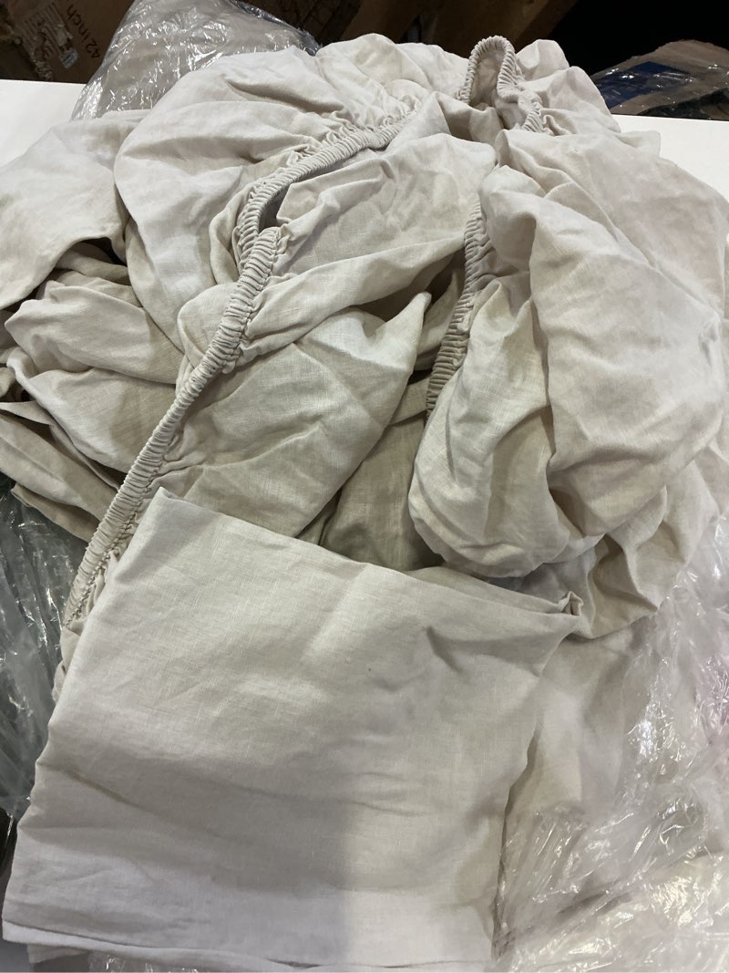 Condition photo showing As Is for european linen fitted sheet set, full, sand