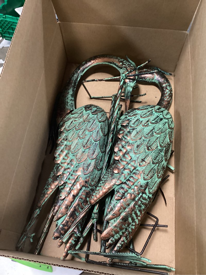 Condition photo showing New/Like New for Kircust Garden Crane Statues, Standing Metal Patina Heron Decoy Outdoor Statue, 42-46 Inch Bird Yard Art for Patio Lawn Pond, Set of 2 Large Copper