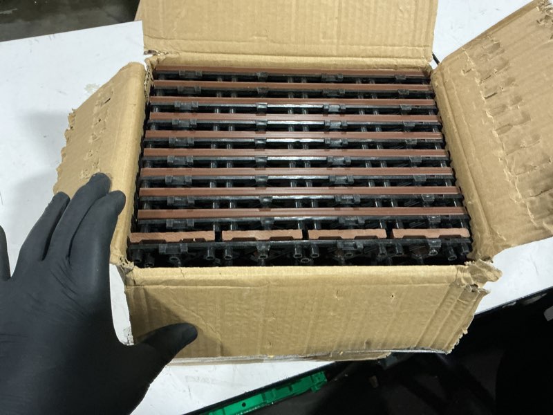 Condition photo showing Good Condition for composite interlocking deck tiles outdoor, 12"x12" waterproof decking tiles outdoor, straight grain outdoor deck tiles for patio, balcony, poolside, 10 pack, light coffee color 10p light coffee color 10