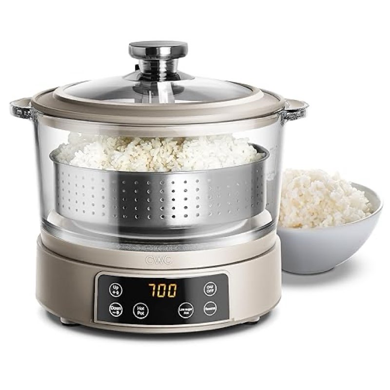 COOK WITH COLOR 3L Glass Low Carb Rice Cooker - Makes 6 Cups Cooked Low Sugar Rice with Auto Lift Filter Basket, Hotpot & Steamer for Rice, Grains and Oats, Digital Panel with Keep Warm, Slate