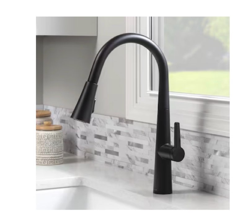 allen + roth bryton matte black single handle deck-mount pull-down kitchen faucet with sprayer (includes deck plate)