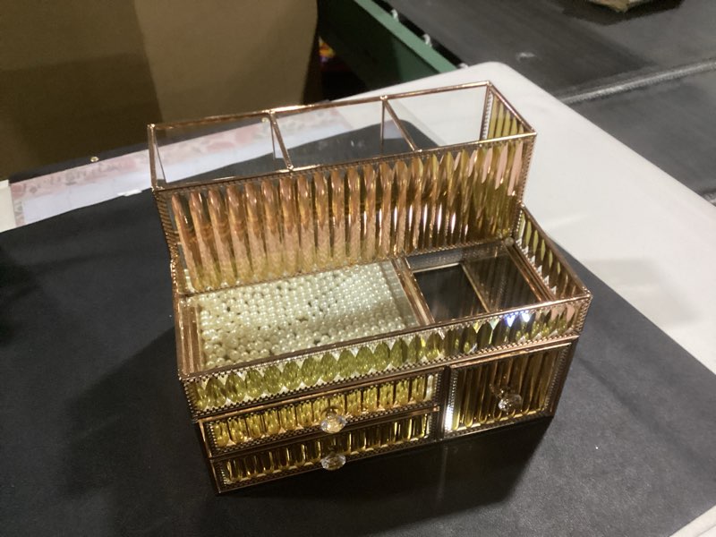 Condition photo showing Good Condition for Makeup Organizer Golden- Tempered Glass Vanity Organizer for Cosmetics, Skincare, Hair Tools, Brushes, Perfume - Multipurpose Bathroom Counter Skincare Organizer