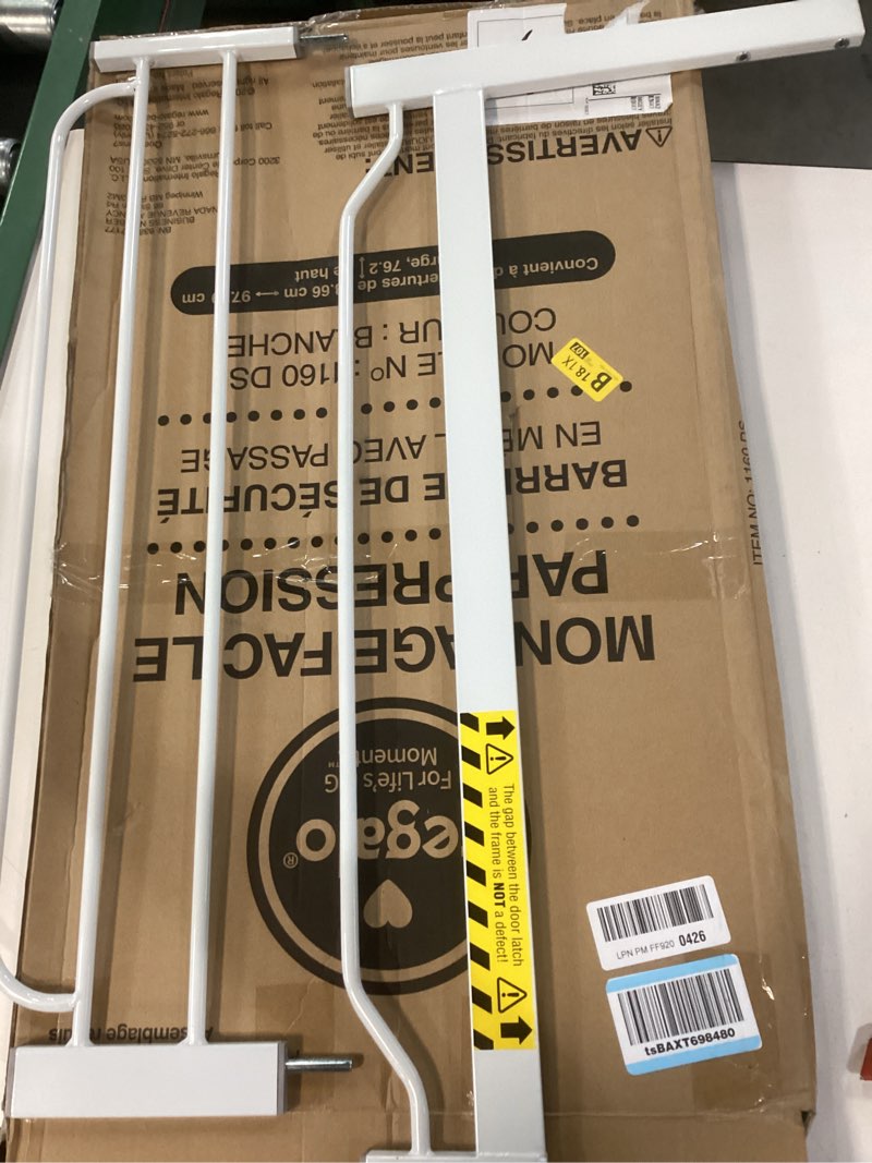 Condition photo showing As Is for Regalo Safety 38" Baby Gate for Doorways & Bottom of Stairs, Pressure Mount Design for Babies, Toddlers & Pets, Tested & Safe for 30 Years, American Designed, American Owned, White White 29-38.5"W x 30"H