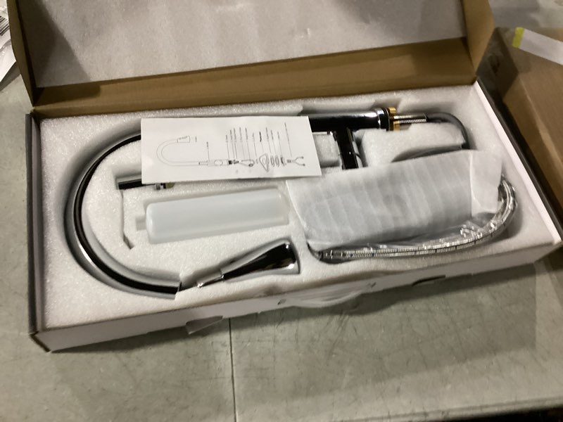 Condition photo showing New/Like New for Keer Polished Chrome Single Handle Pull Down Kitchen Faucet with Soap Dispenser, 3 Modes Sprayer, Easy Assembly, Single Handle High Arc Stainless Steel Faucet Standard Polished Chrome