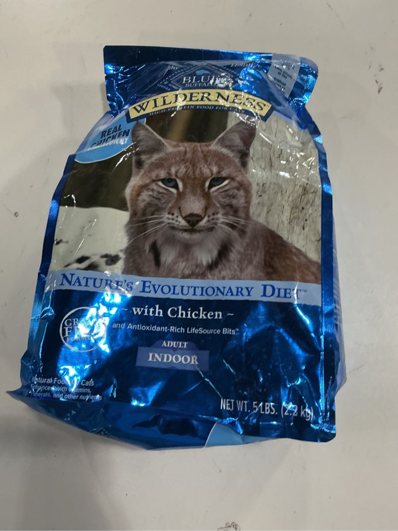 Condition photo showing New/Like New for Blue Buffalo Wilderness Natural Adult Dry Cat Food Indoor Cats, High-Protein & Grain-Free, Chicken, 5-lb. Bag(BEST BY 01/11/2027)
