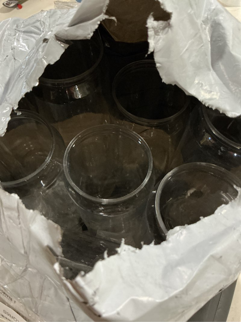 Condition photo showing As Is for ounona 10pcs clear pet juice bottles 6.69x2.55in with easy-grip pull lids reusable food-grade plastic water storage containers for beverage and juice