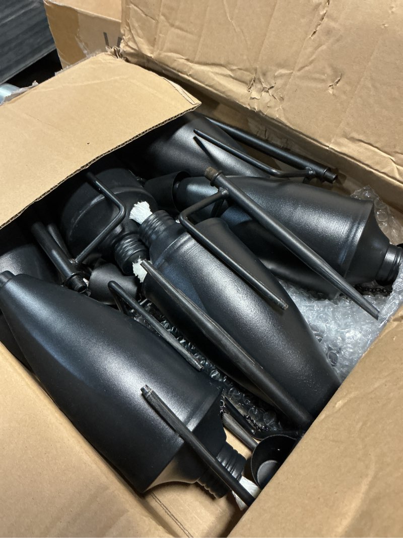 Condition photo showing As Is for 6 pack garden torches for outside, 22 oz metal citronella torch with 3-prong grounded stake, perfect for patio, lawn, and backyard décor black 6 pcs