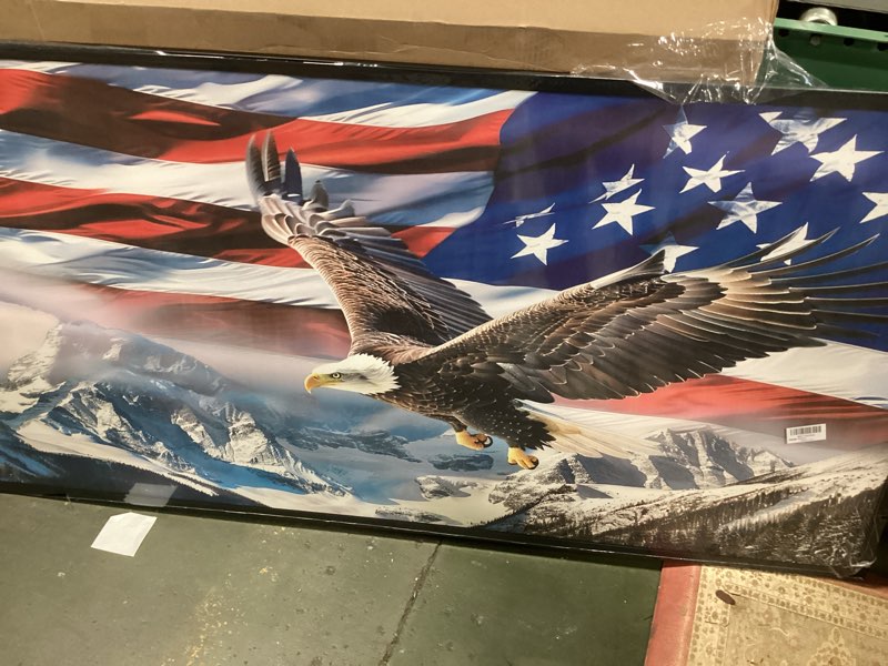 Condition photo showing As Is for ( with crack ) Eagle Large Wall Art for Living Room Patriotic American Flag Framed Canvas Decor Mountain Landscape size 30x60