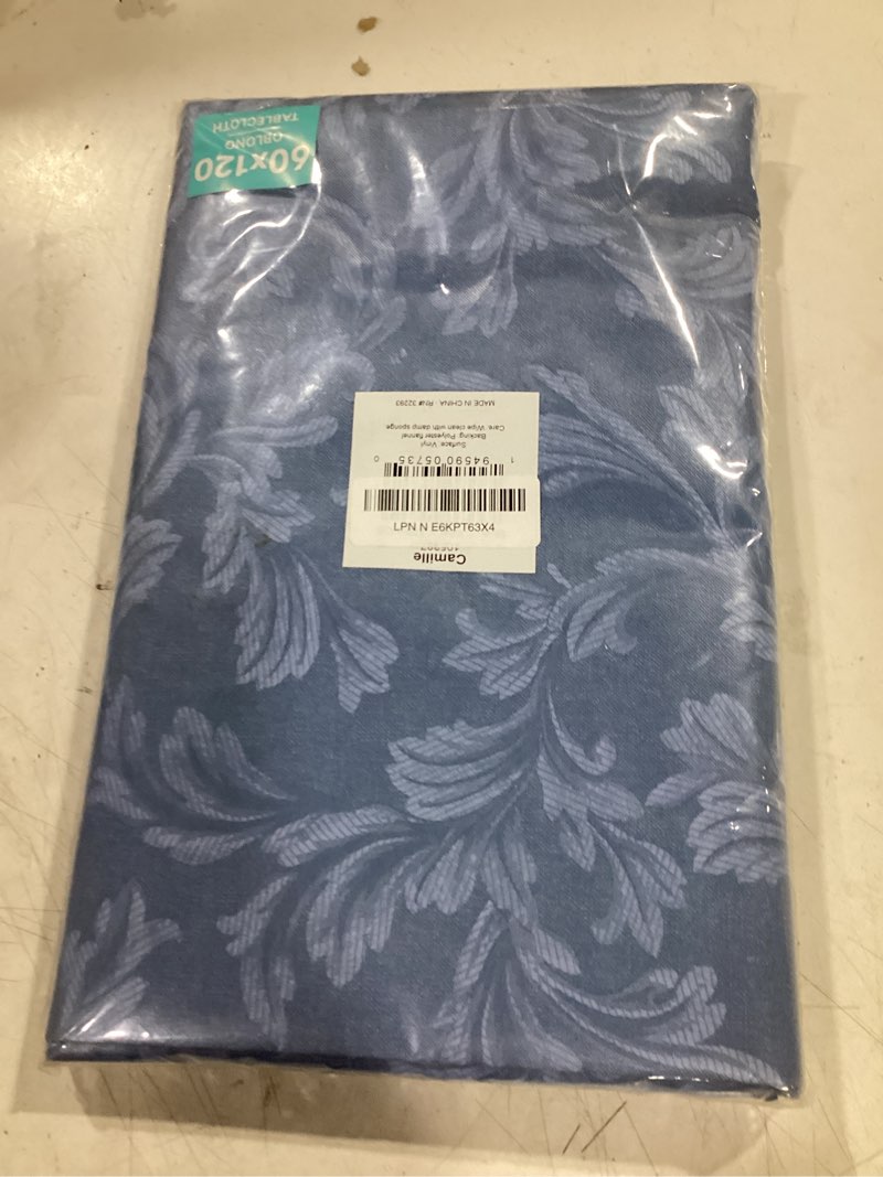 Condition photo showing Good Condition for elrene home fashions camile floral damask-scroll water- and stain-resistant vinyl tablecloth with flannel backing, 60 inches x 120 inches, rectangle, blue blue 120" x 60" (rectangular)