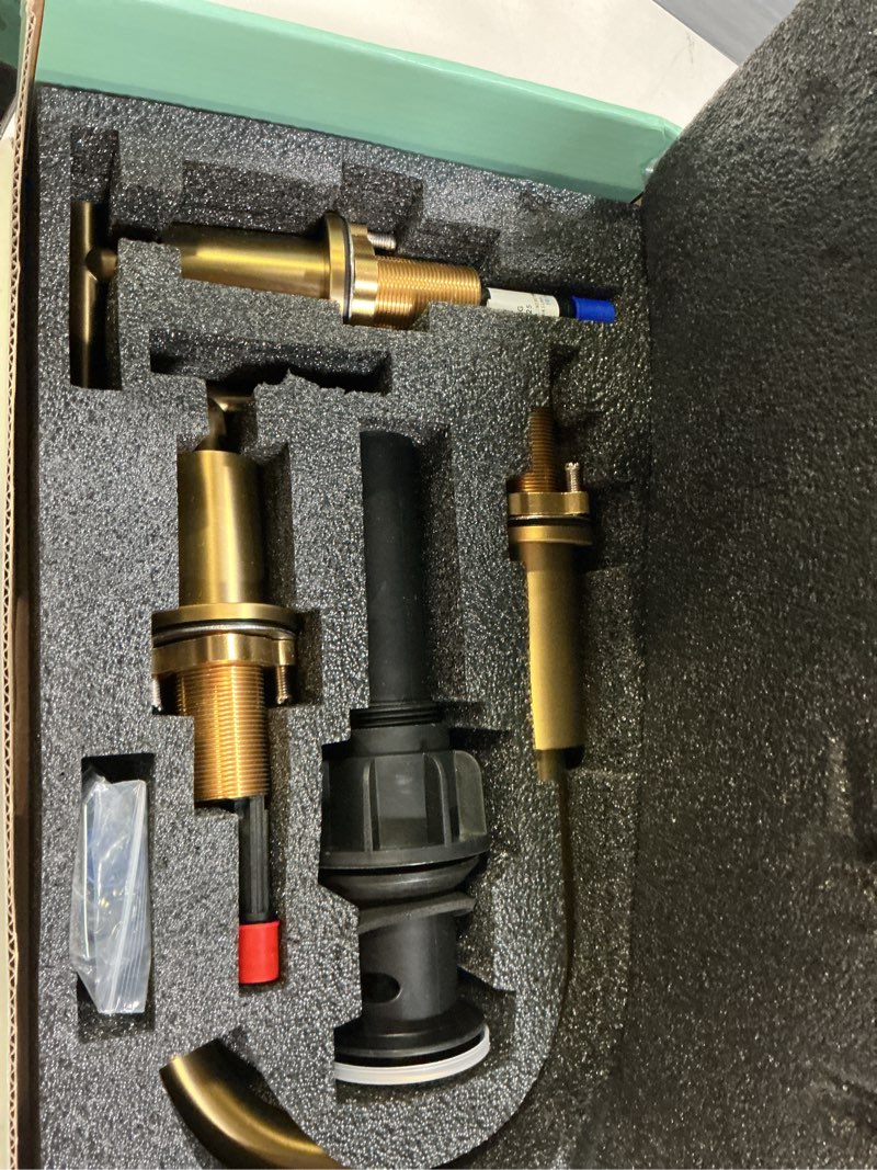 Condition photo showing Good Condition for forious brushed gold bathroom faucet 3 hole, 2 handle 8 inch widespread gold sink faucet bathroom vanity with 360 degree swivel spout, with pop up drain and cupc supply line, for 6 to 12 in sink modern brushed gold
