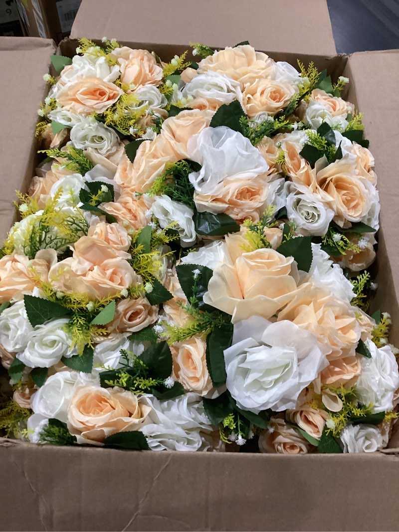 Condition photo showing New/Like New for hotop 24 pcs artificial rose flower balls for centerpieces, silk roses kissing balls romantic faux floral arrangements for engagement wedding home decor (champagne,white) champagne, white 24