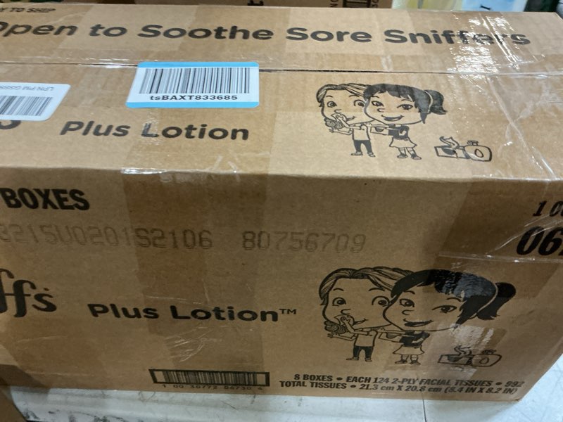 Condition photo showing New/Like New for puffs facial tissues plus lotion, 8 family rectangle boxes, 124 facial tissues per box, allergies an