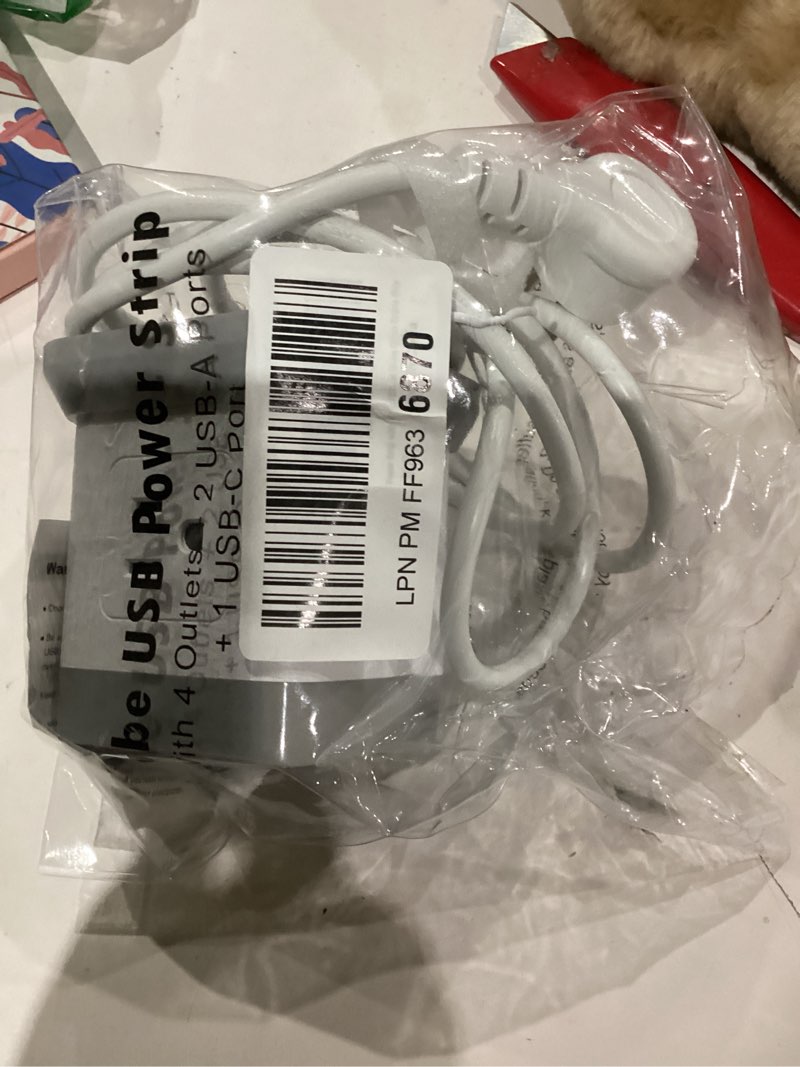 Condition photo showing As Is for Power Strip with USB, FDTEK Flat Plug Extension Cord with 4 Outlets and 3 USB(1 USB C), 5 FT Power Cord Desktop Charging Station, Overload Protection, Compact Portable for Travel Home Office 5FT White