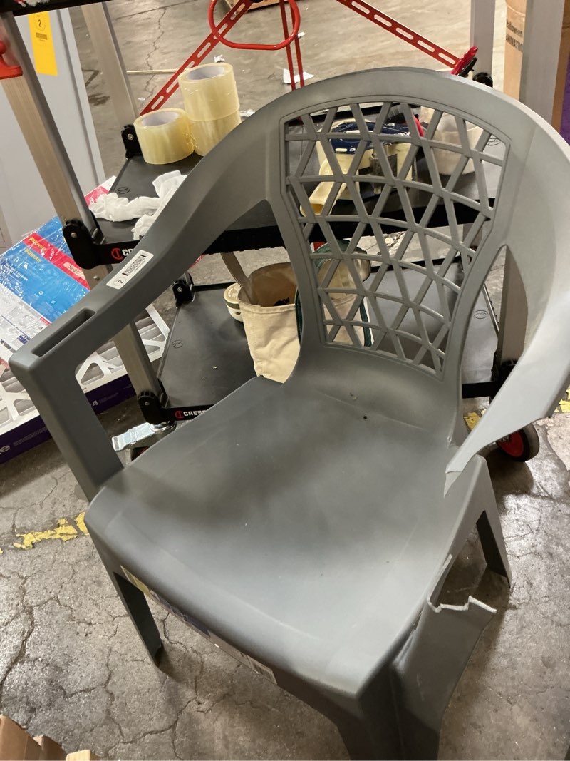 Condition photo showing As Is for adams patio stackable charcoal plastic frame stationary conversation chair with solid seat