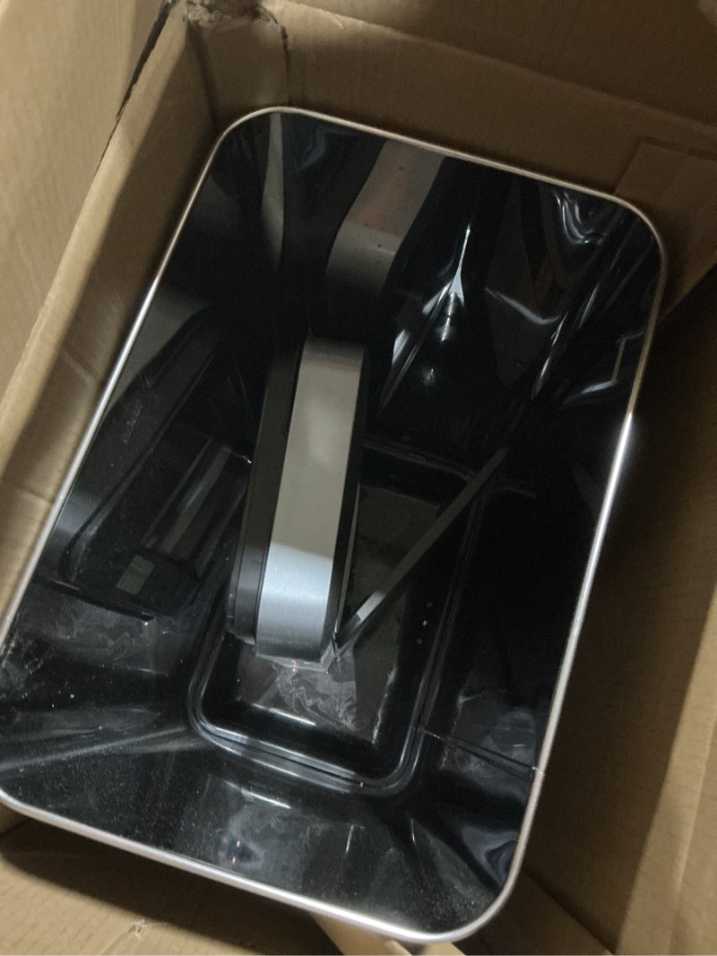 Condition photo showing As Is for EKO Mirage-T 50 Liter / 13.2 Gallon Touchless Rectangular Motion Sensor Trash Can, Brushed Stainless Steel Finish