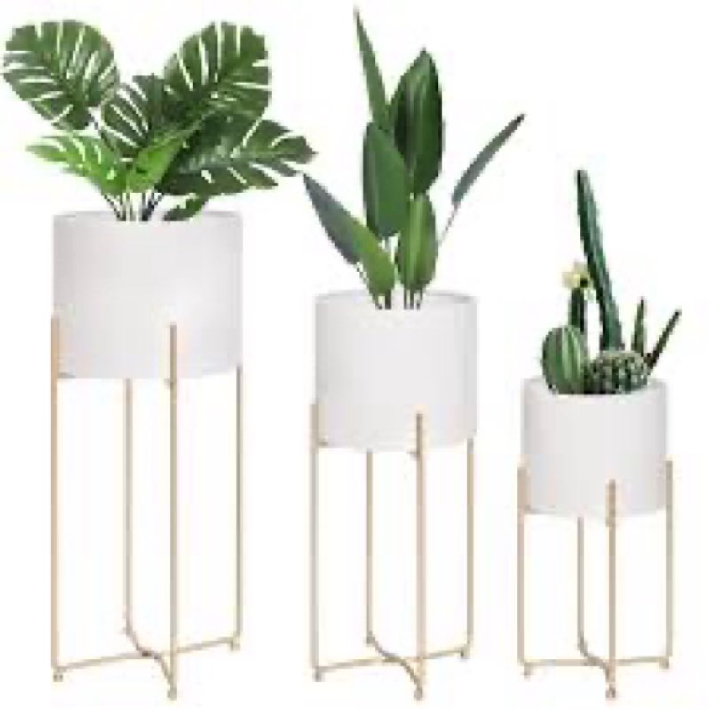 Sinolodo Floor Standing White Planters with Gold Stands for Indoor Plants, Large Metal Plant Pots Se