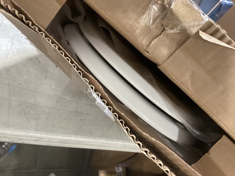 Condition photo showing Good Condition for mayfair bennett toilet seat with chrome hinges, slow close wood seat, secure metal hinges, easy install, made in usa, round, white round chrome
