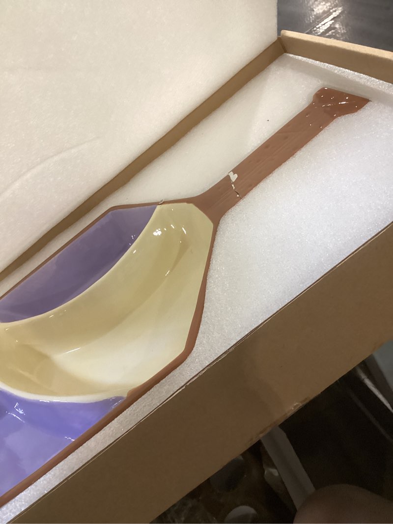 Condition photo showing As Is for pickleball party platter - fun paddle-shaped ceramic tray with snack sections - perfect serving dish for pickleball lovers display trays (purple) lilac linen