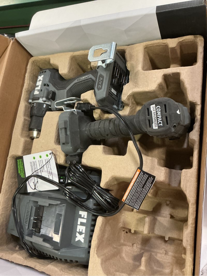 Condition photo showing Good Condition for FLEX 24V Brushless Cordless 2-Tool Compact Combo Kit: 1/2-Inch 2-Speed Drill Driver and 1/4-Inch Hex Impact Driver with (2) 2.5Ah Lithium Batteries and 160W Fast Charger - FXM205-2A
