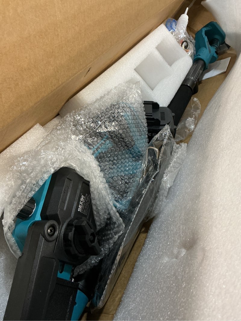 Condition photo showing item condition for SEESII 2-in-1 Electric Pole Saws for Tree Trimming, 6 Inch Mini Chainsaw Cordless with Extension Pole, Battery Powered Pole Chain Saw, Tree Trimmer Limb Branch Cutter Pruner with 2 Battery PS600 Blue
