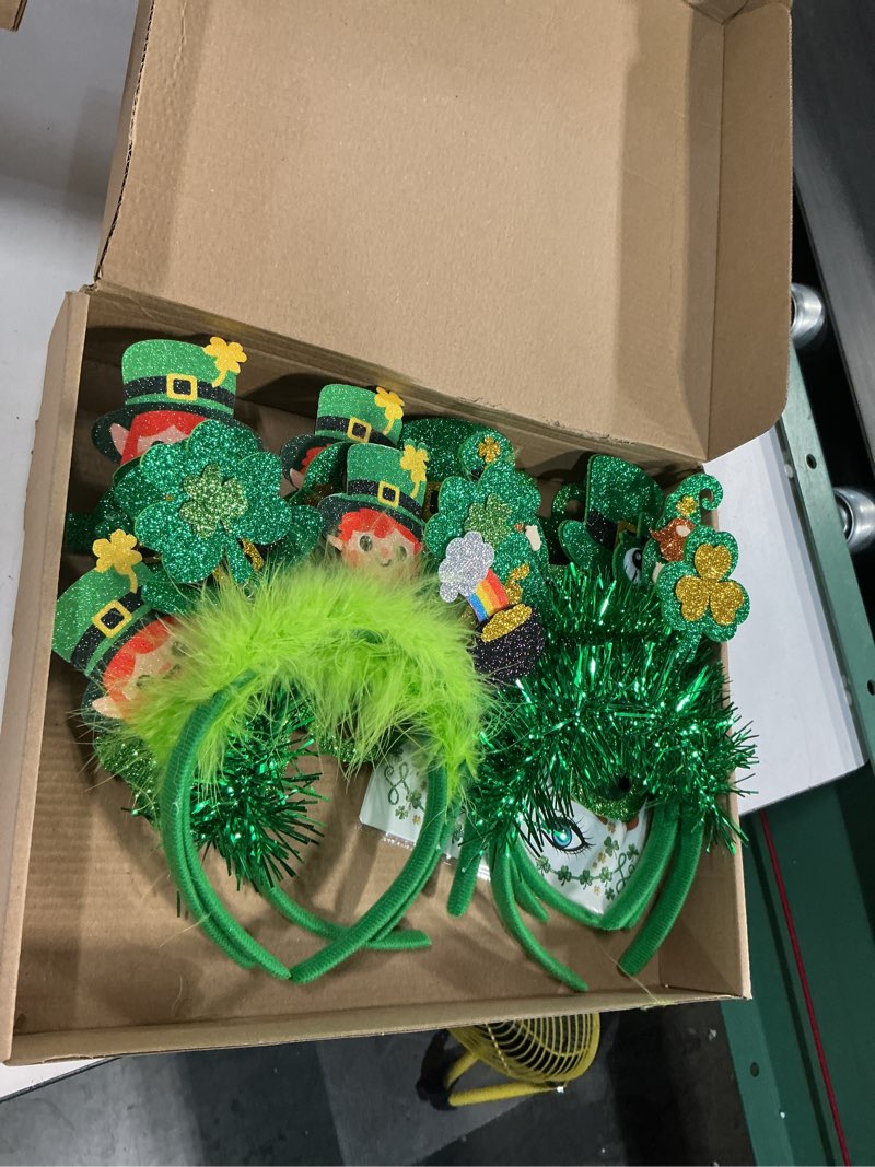 Condition photo showing New/Like New for ceiba tree st. patrick's day accessories for women kids 6 felt headbands 6 shamrock glasses 10 face stickers tattoos saint patricks day irish party favors supplies costume headband photo booth props
