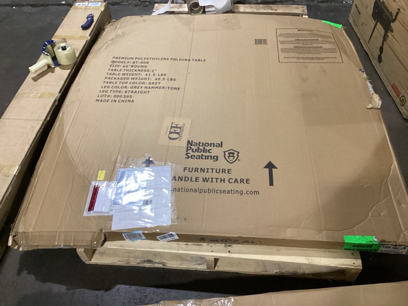 Condition photo showing As Is for OEF Furnishings OEFBT60R Round Commercial-Grade Premium Industrial Folding Table, Heavy-Duty Blow-Molded Design with Thick Top and 17-Gauge Steel Frame (60" Diameter, Speckled Gray Top) 60 in Diameter